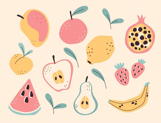 Colección de frutas dibujadas a mano