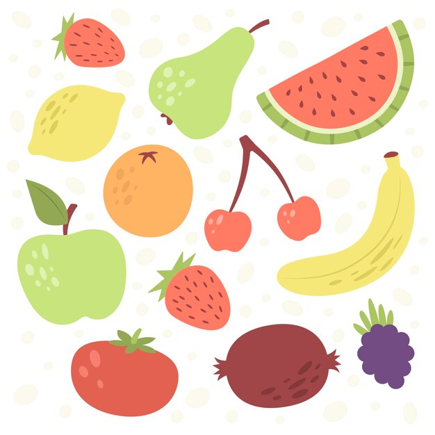 Colección de frutas planas orgánicas ilustradas.