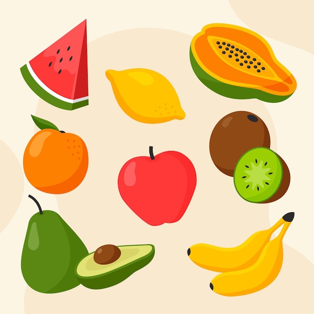 Vector gratuito colección de frutas planas orgánicas