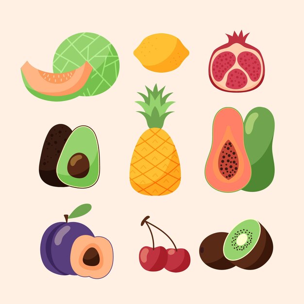 Colección de frutas planas orgánicas