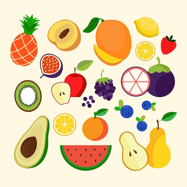 Vector gratuito colección de frutas planas orgánicas