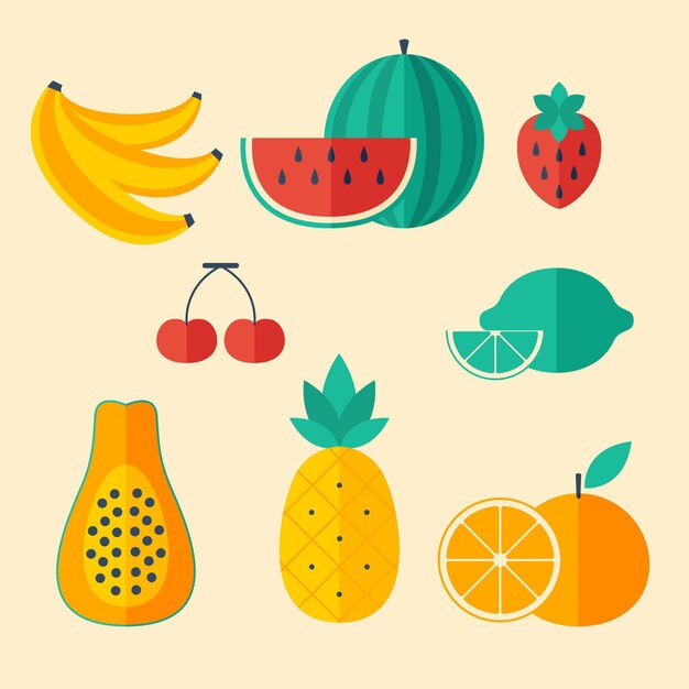 Colección de frutas planas