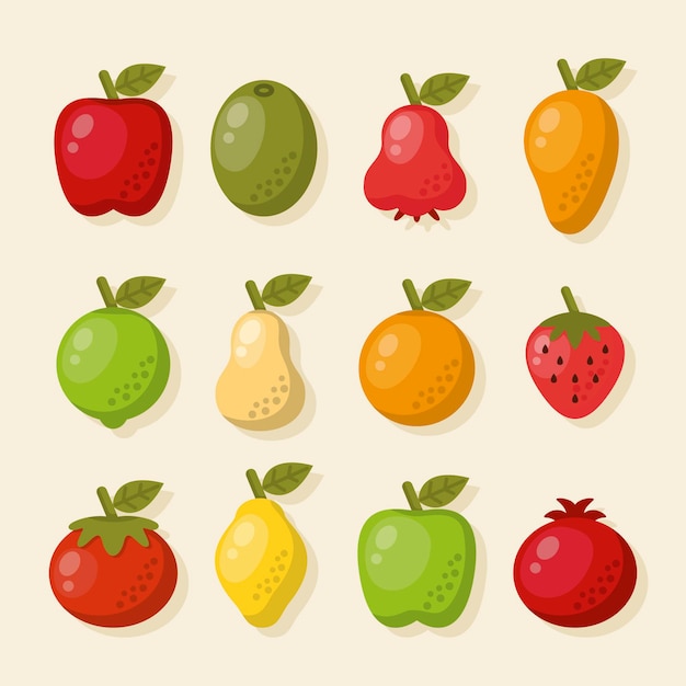 Colección de frutas planas