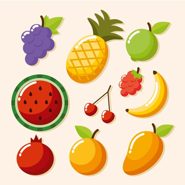 Colección de frutas planas