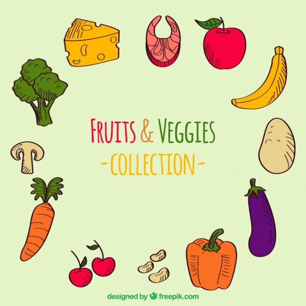 Colección de frutas y verduras dibujadas a mano 