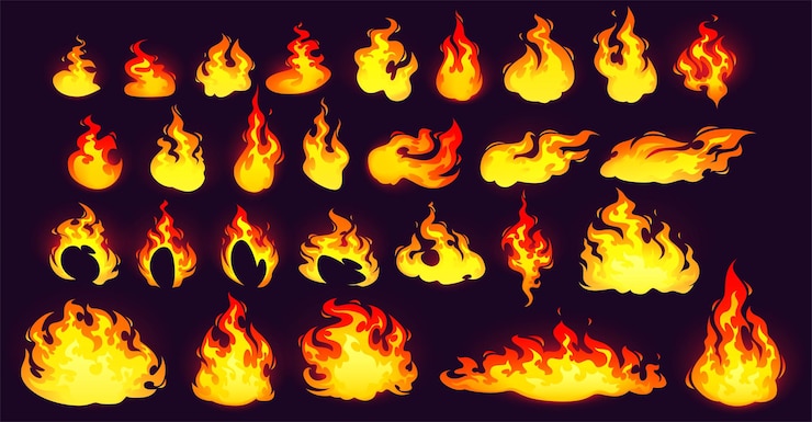Vector gratuito colección de fuego ardiente, llama amarilla y naranja aislada sobre fondo negro. conjunto de dibujos animados de vector de resplandor de hoguera, antorcha o vela. hoja de sprite de animación con quema de llama