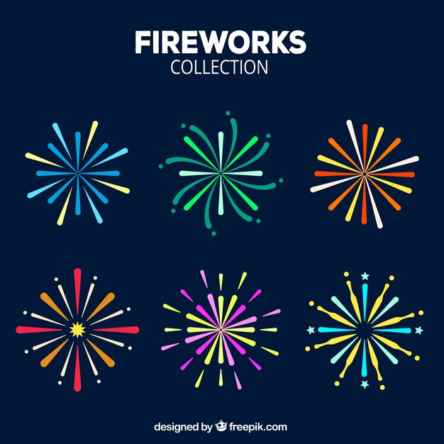 Colección de fuegos artificiales de colores en diseño plano 