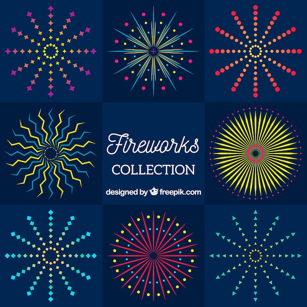 Colección de fuegos artificiales decorativos en diseño plano