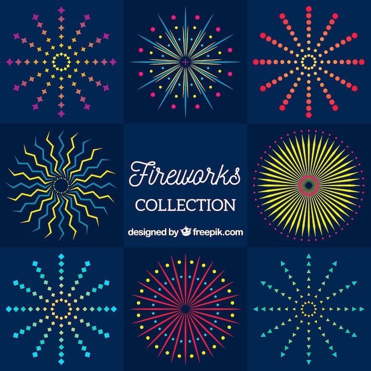 Vector gratuito colección de fuegos artificiales decorativos en diseño plano