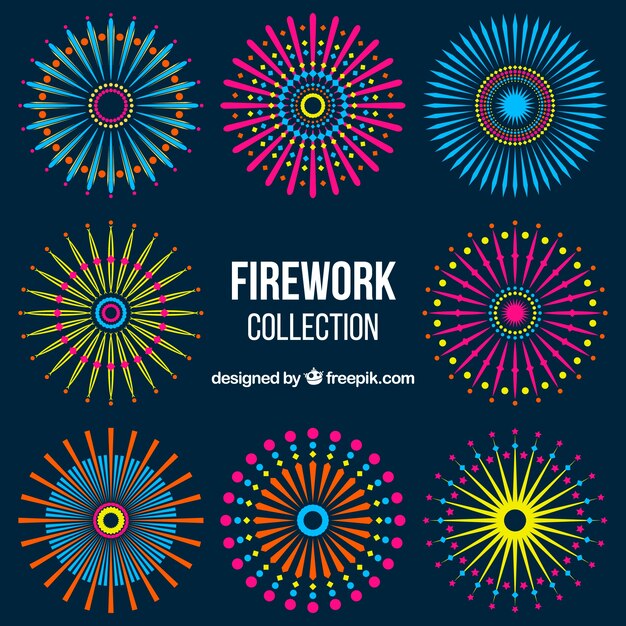 Colección de fuegos artificiales en diseño plano 