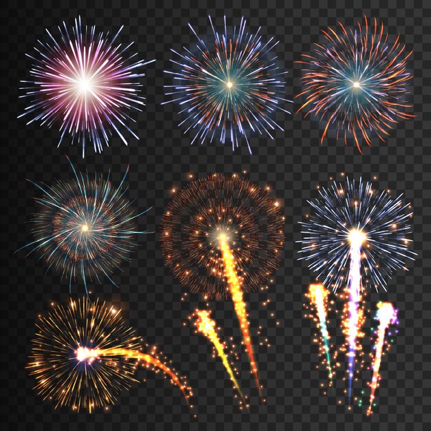 Colección de fuegos artificiales festivos de varios colores dispuestos en negro Conjunto transparente aislado Vector