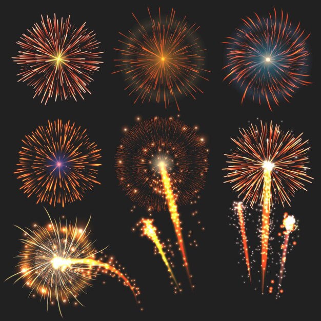 Colección de fuegos artificiales festivos de varios colores dispuestos en negro