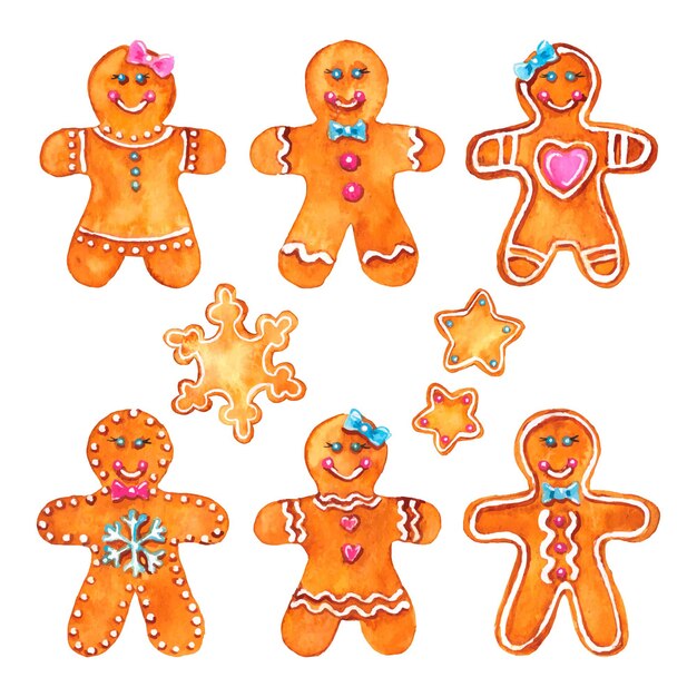 Colección de galletas de hombre de jengibre en acuarela