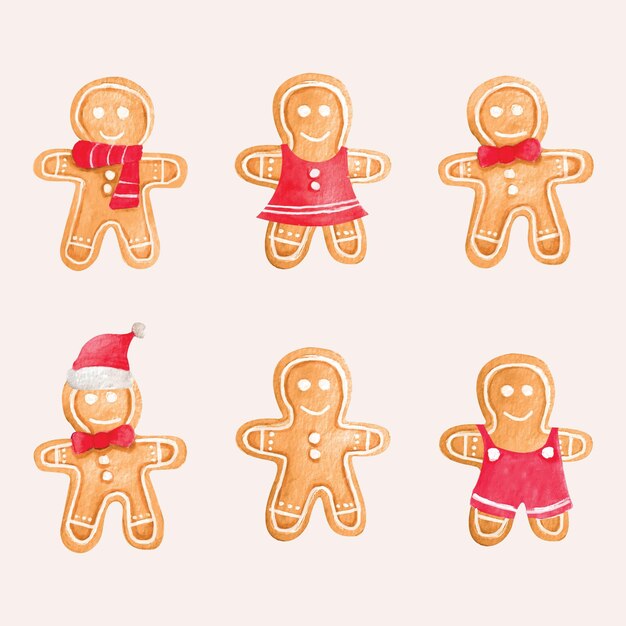 Colección de galletas de hombre de jengibre en acuarela