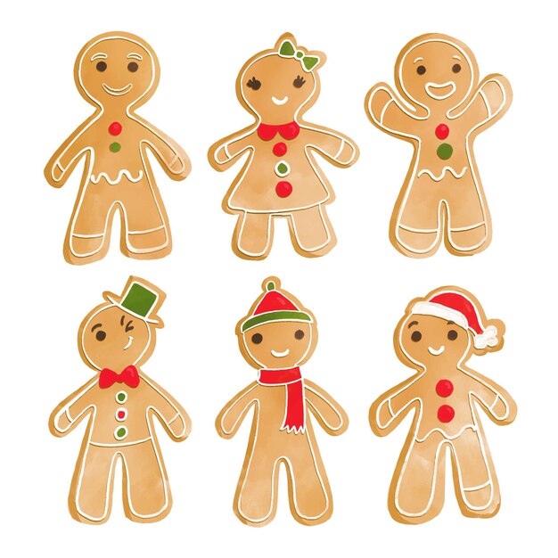 Colección de galletas de hombre de jengibre en acuarela