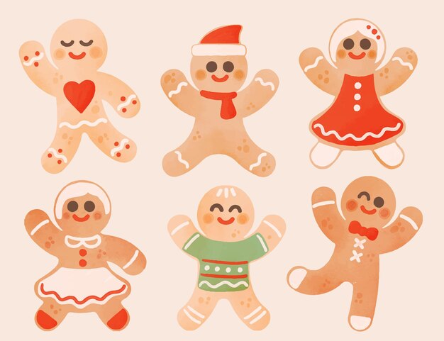 Colección de galletas de hombre de jengibre en acuarela