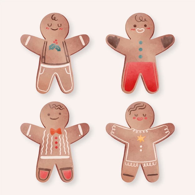 Vector gratuito colección de galletas de hombre de jengibre en acuarela