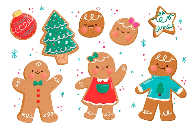 Vector gratuito colección de galletas de hombre de pan de jengibre navideñas planas