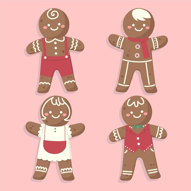 Colección de galletas de hombres de jengibre planos dibujados a mano