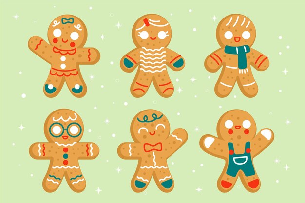 Colección de galletas de hombres de jengibre planos dibujados a mano