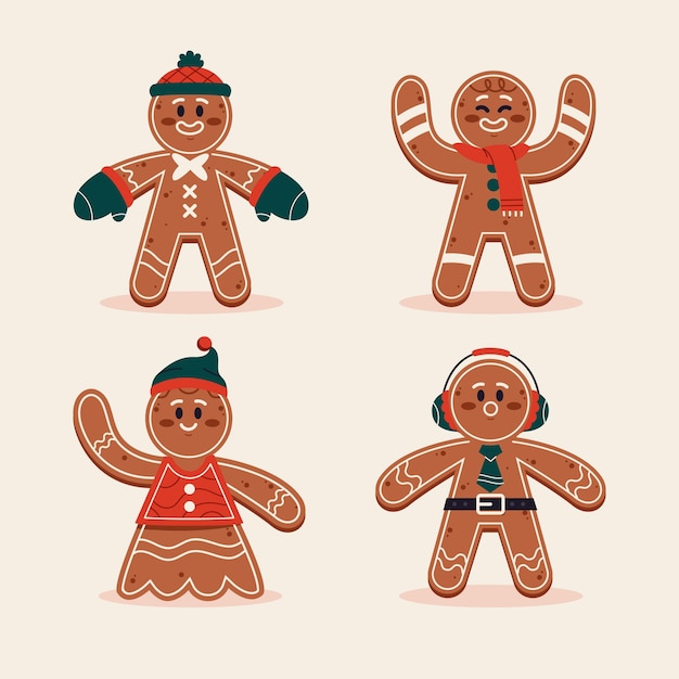 Colección de galletas de hombres de jengibre planos dibujados a mano