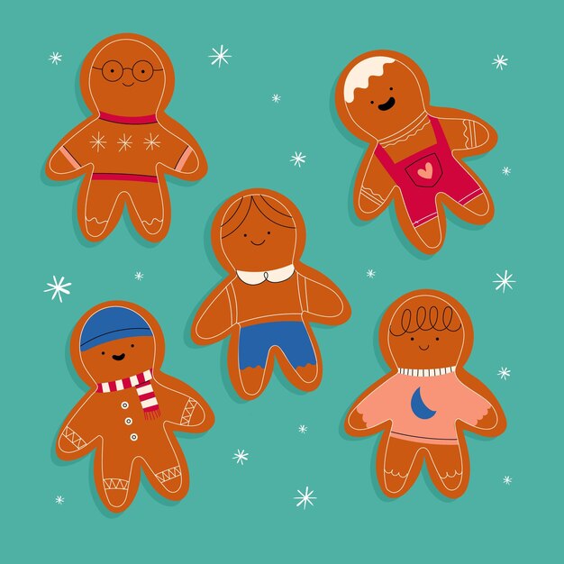 Colección de galletas de hombres de jengibre planos dibujados a mano