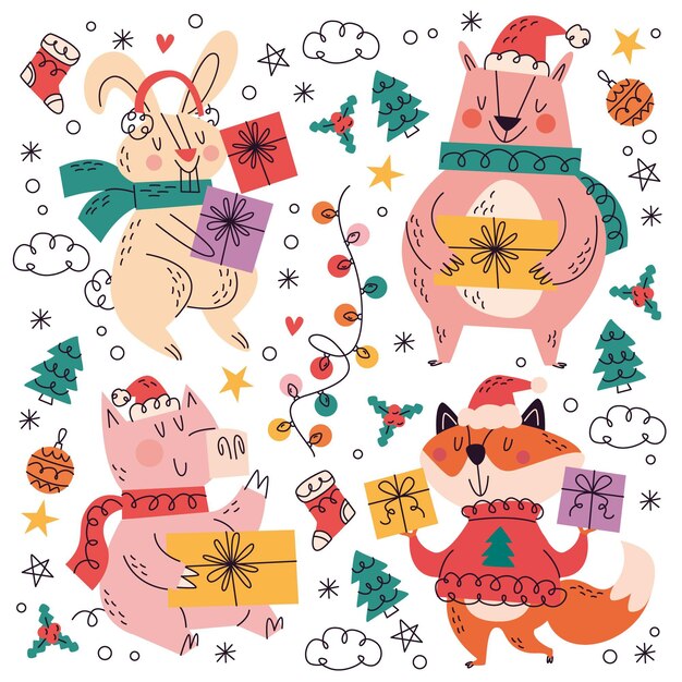 Colección garabatos navideños dibujados a mano