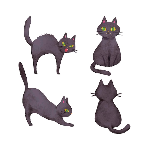 Vector gratuito colección de gatos negros de halloween en acuarela