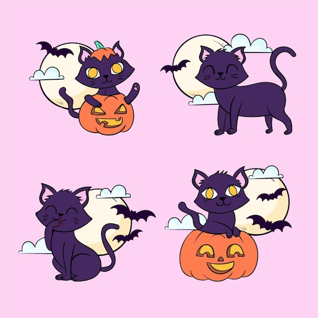 Colección de gatos negros de halloween dibujados a mano