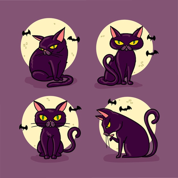 Vector gratuito colección de gatos negros de halloween dibujados a mano