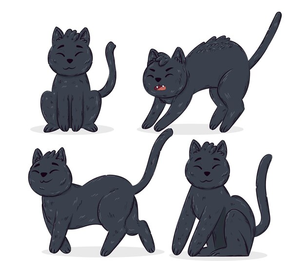 Colección de gatos negros de halloween dibujados a mano