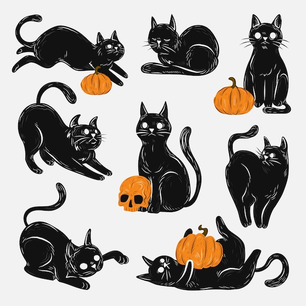 Colección de gatos negros de halloween dibujados a mano