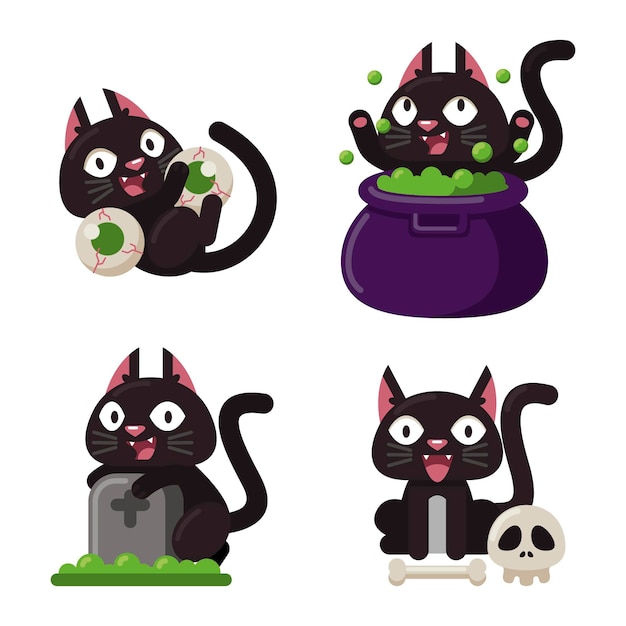 Vector gratuito colección de gatos negros de halloween en diseño plano