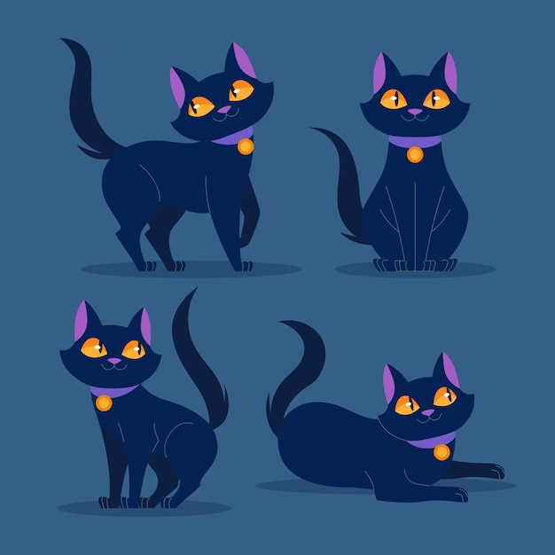 Vector gratuito colección de gatos negros de halloween en diseño plano