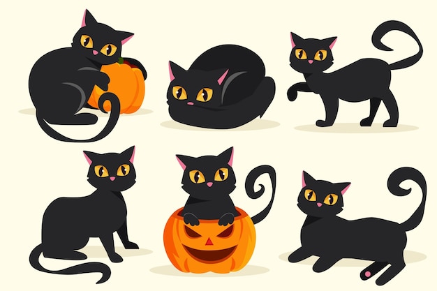 Colección de gatos negros de halloween en diseño plano | Vector Gratis