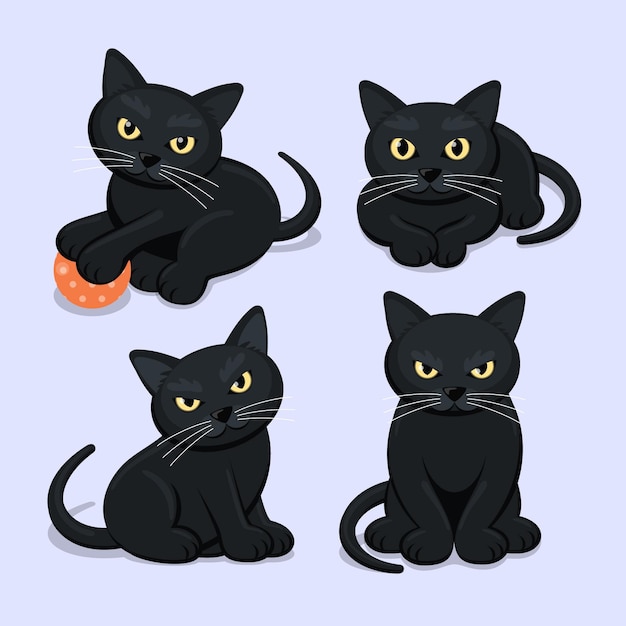 Vector gratuito colección de gatos negros de halloween en diseño plano