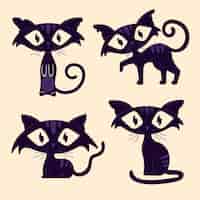 Vector gratuito colección de gatos negros de halloween planos dibujados a mano