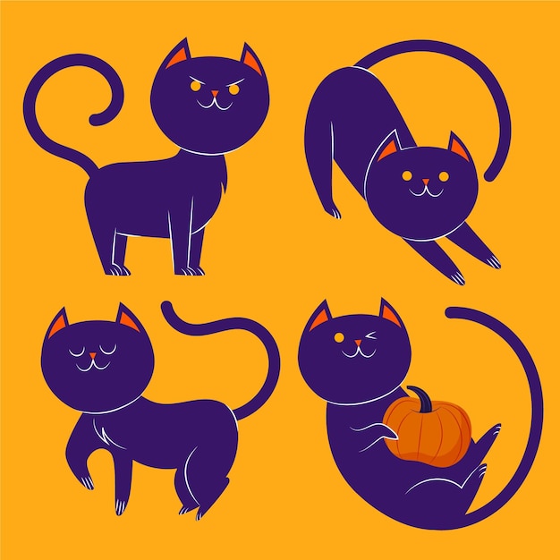 Colección de gatos negros de halloween planos dibujados a mano