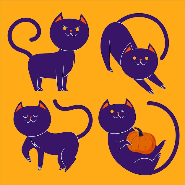 Vector gratuito colección de gatos negros de halloween planos dibujados a mano