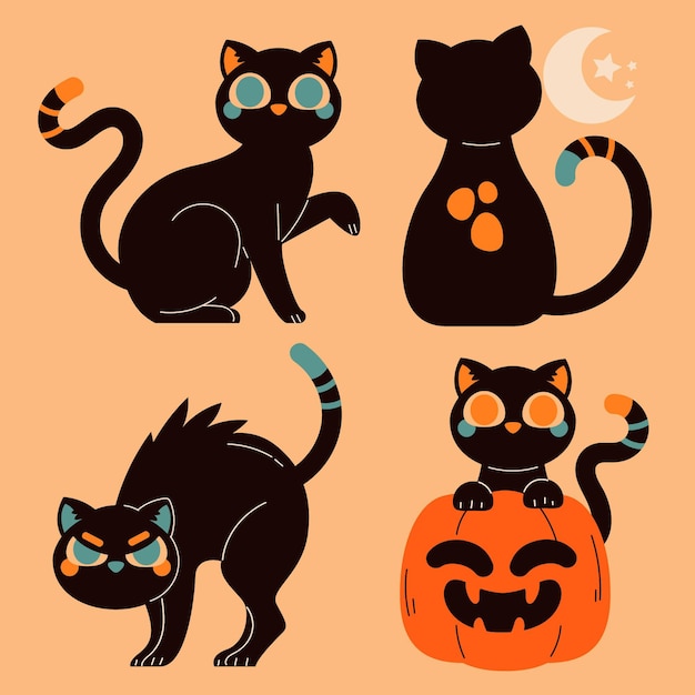 Vector gratuito colección de gatos negros de halloween planos dibujados a mano