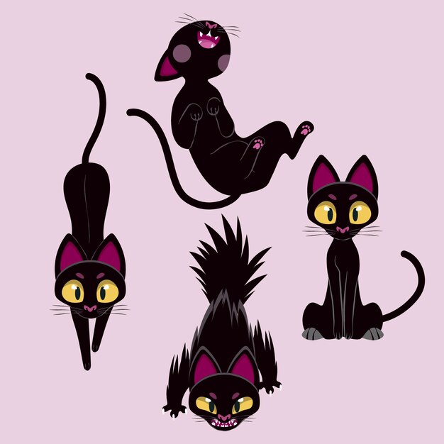 Colección de gatos negros de halloween planos dibujados a mano