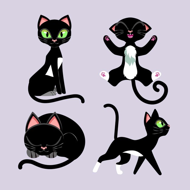 Colección de gatos negros de halloween planos dibujados a mano