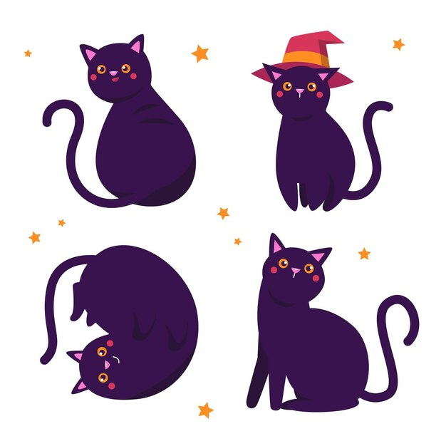 Colección de gatos negros de halloween planos dibujados a mano