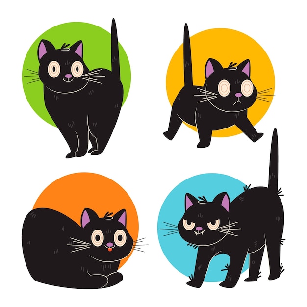 Colección de gatos negros de halloween planos dibujados a mano