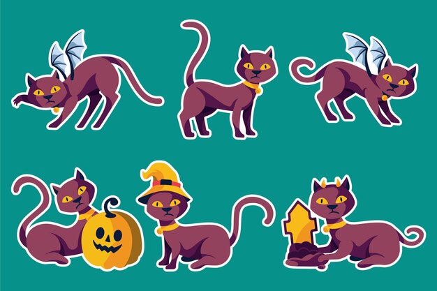 Colección de gatos negros de halloween planos dibujados a mano