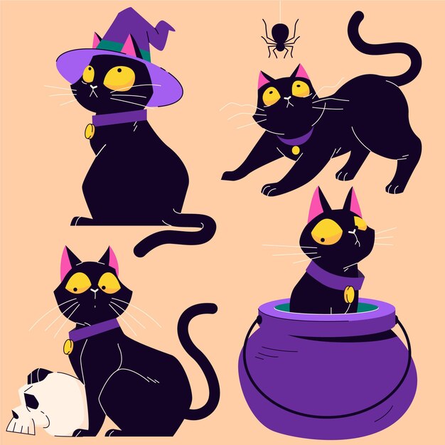 Colección de gatos negros de halloween planos dibujados a mano