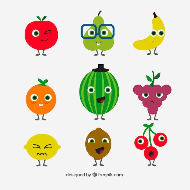 Colección de geniales personajes de fruta en diseño plano