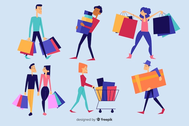 Colección de gente cargando con bolsas de la compra 