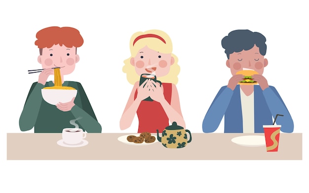 Colección gente comiendo dibujados a mano