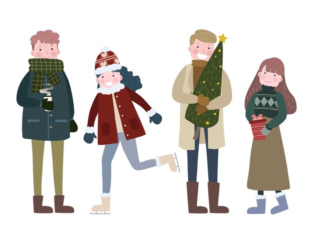 Colección gente de invierno dibujada a mano